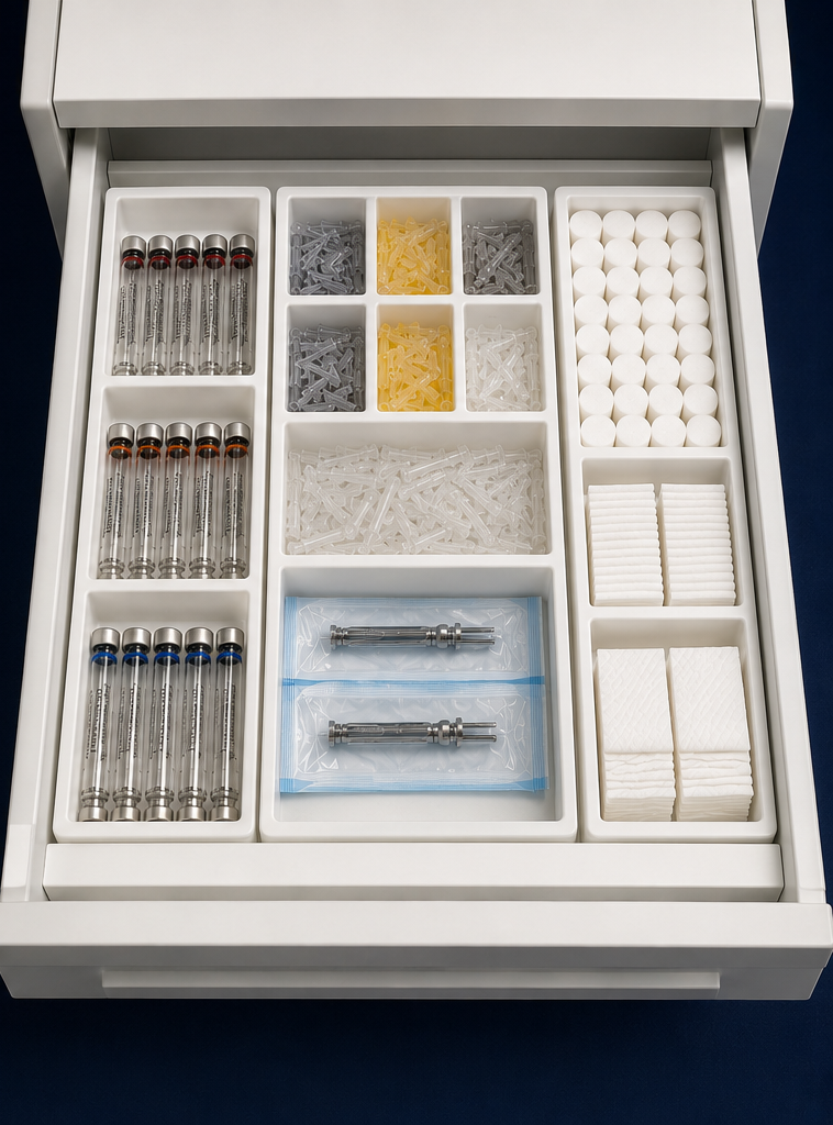 After: the same drawer with a GDC insert — every carpule, needle and supply in its own labeled compartment