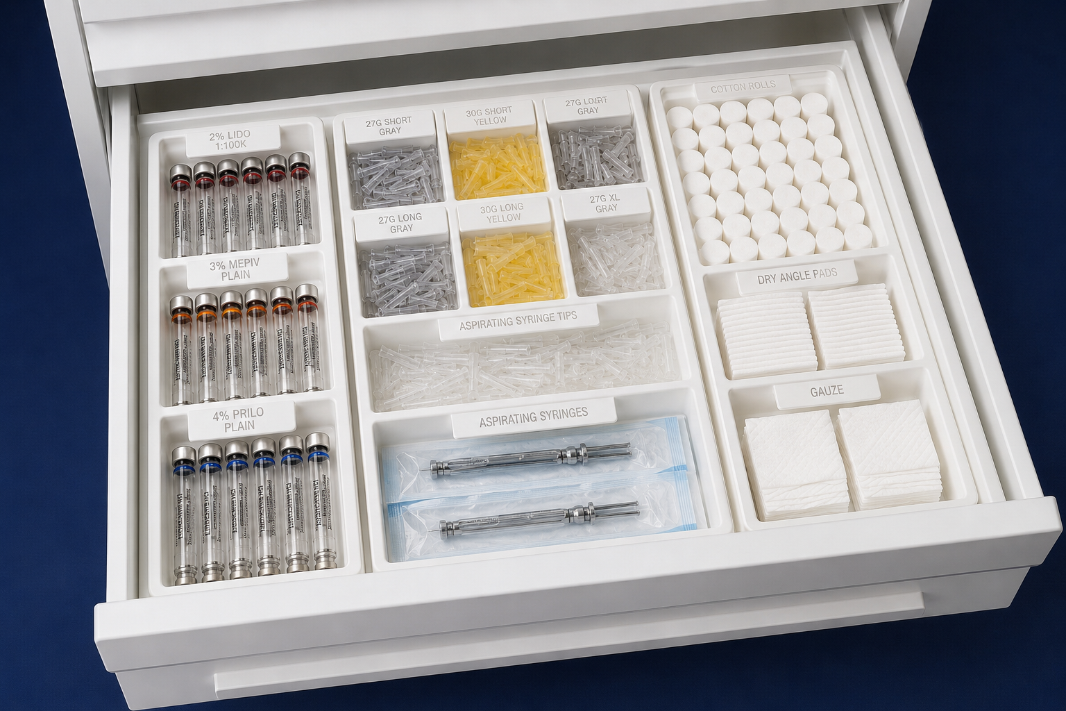 A GDC custom drawer insert: anesthetic carpules, needles, cotton rolls and gauze each in labeled, dedicated compartments